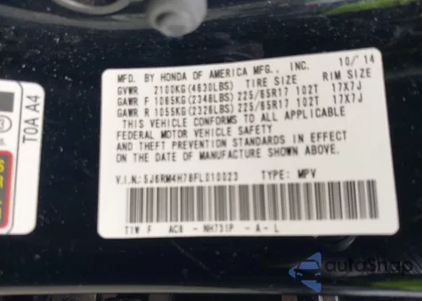 2015 Honda Cr-V Ex-L from USA, damaged, VIN 5J6RM4H78FL010023